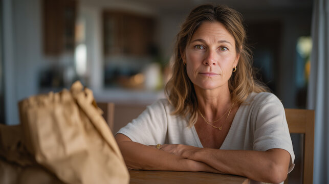 Middle-aged woman sitting alone at a freshly cleaned dining table in a sunlit empty home, her hand resting on a folded school lunch bag, the empty nest transition moment layered with quiet pride, re