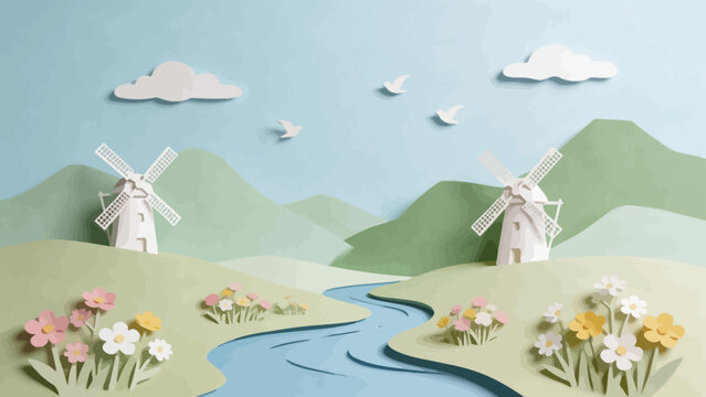 Paper art landscape with windmills