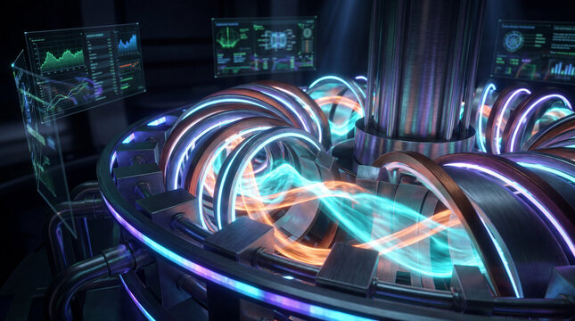 Extreme close-up of a futuristic Tokamak fusion reactor core with swirling cyan and orange plasma contained by magnetic fields, complex engineering, holographic data overlays, 8K.