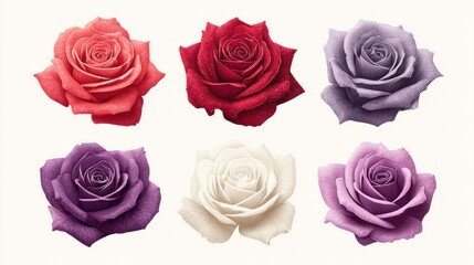 Obraz premium Collection of six vibrant roses in various colors, artfully arranged on a plain background