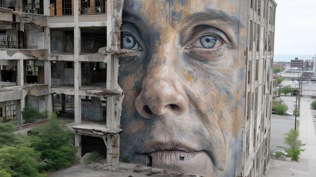 World-renowned graffiti muralist from S&atilde;o Paulo painting a refugee portrait series on abandoned factory walls in Detroit, the cultural protest art spanning four stories, a lone journalist watching f