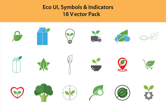 Eco UI Symbols & Indicators Vector Pack: 15 Scalable Icons for Sustainable Design, Featuring Recycling, Energy, and Nature Themes in Editable EPS Format.