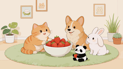 Cats dogs rabbits and panda with strawberries © Phoenix