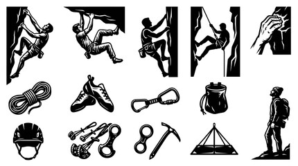Obraz premium Climbing Gear Icons Set: Rock Climbing, Mountaineering, Adventure Sports, Vector Art