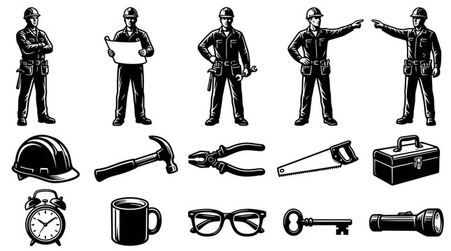 Construction Workers and Handyman Tools Vintage Black and White Vector Illustrations Set