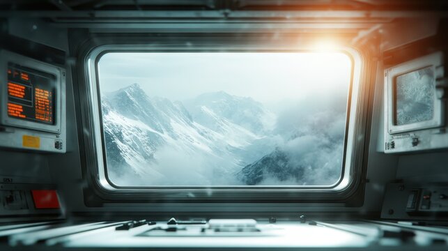 A breathtaking view of snow-capped mountains through a window of a space station, capturing the serene beauty of nature from a unique perspective in outer space.