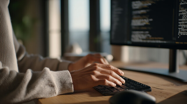 Close-up of a developer's hands typing a custom prompt into an AI code generation interface, the screen showing partial function completion with a syntax error highlighted, a secondary window open t
