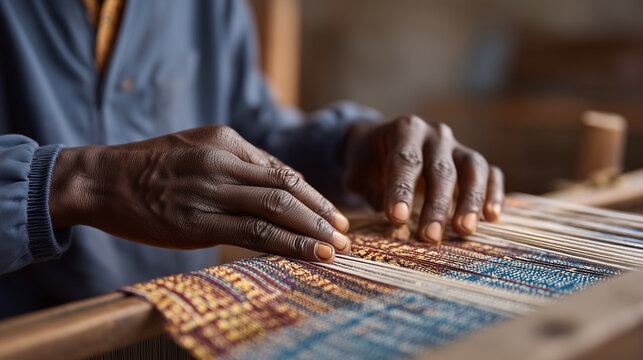Close-up of a Ghanaian kente weaver's hands interlacing silk strips on a traditional loom in an Accra workshop, the cultural significance of each pattern visible in reference cards pinned above the 