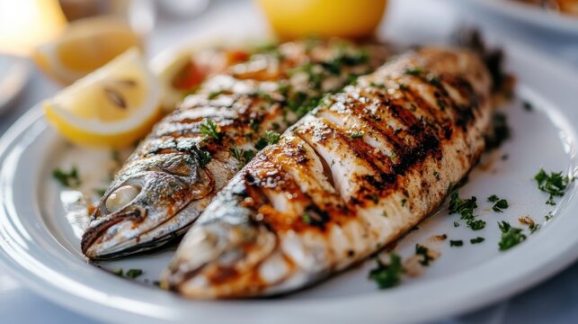 A beautifully arranged platter of grilled fish, accompanied by lemon and garnishes, showcasing the culinary art of seafood preparation in a delicious and appetizing presentation.
