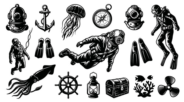Black and White Line Art Nautical Diving Equipment and Sea Creatures Icon Set