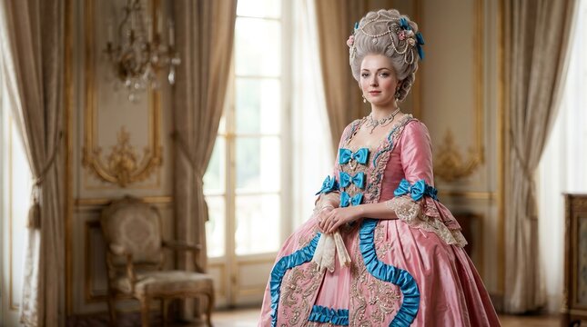 Elegant woman in historical rococo dress standing in luxurious palace interior, vintage fashion and aristocratic style