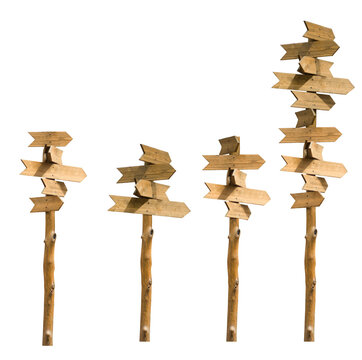 Wooden signposts stand in line showing different directions in an outdoor setting with clear skies