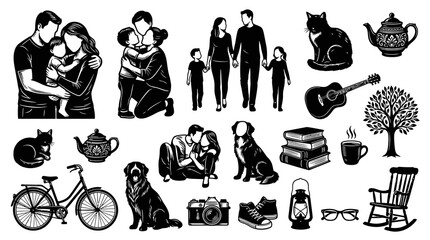 Obraz premium Black White Silhouette Icons of Family, Pets, Home Objects, Music, Nature