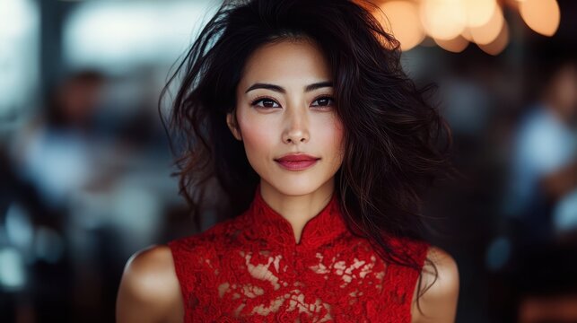 A captivating young woman exudes confidence and elegance in a striking red lace dress, illustrating beauty, fashion, and self-expression within a vibrant social setting.