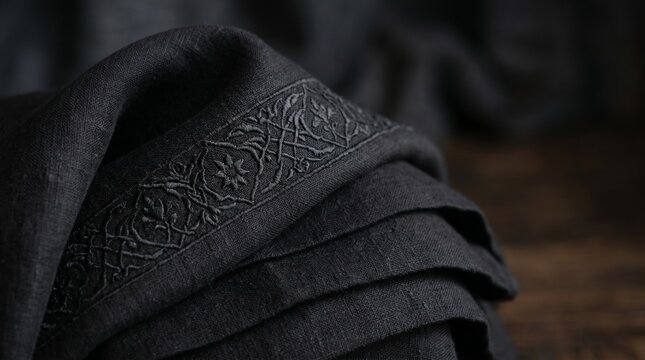 Close-up of black mourning fabric with elegant Islamic floral embroidery for Muharram background