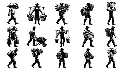 Obraz premium Vintage Black White Woodcut Farmers Collection: Agricultural Laborers with Harvest Produce and Crops