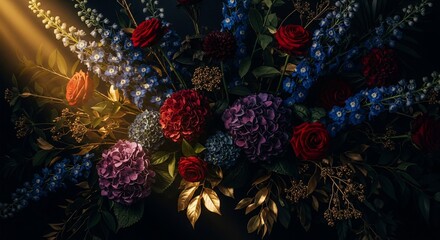 Fototapeta premium dramatic floral arrangement with roses and hydrangeas in dark background