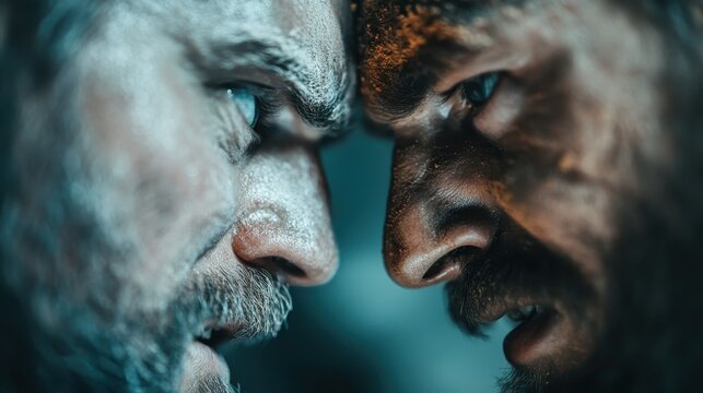 A dramatic close-up captures two fierce fighters in an intense glare, epitomizing conflict, strength, and resilience amidst a gritty background filled with tension and emotion.