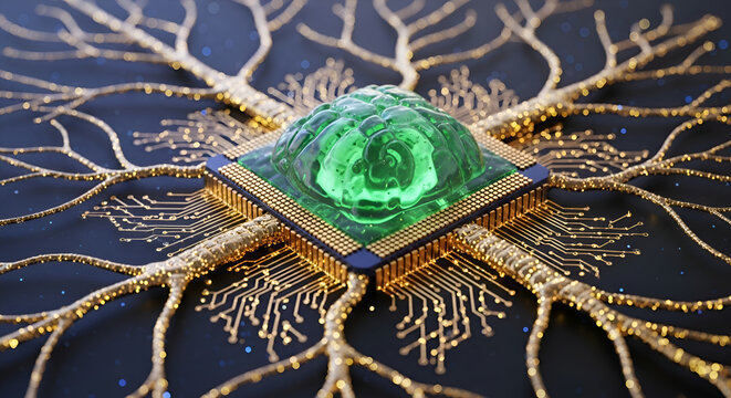 Artificial intelligence processor with a glowing green brain core and organic neural pathways.