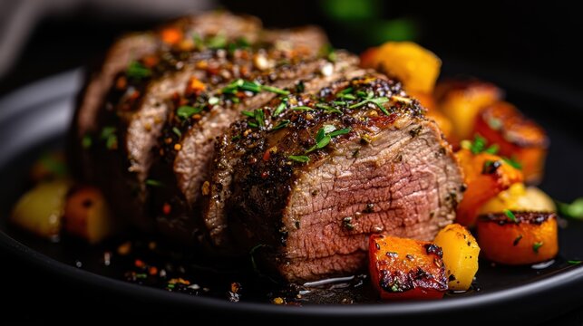 This mouthwatering roast beef, beautifully arranged with colorful vegetables, not only tantalizes the taste buds but also showcases the artistry of culinary presentation and gastronomy.