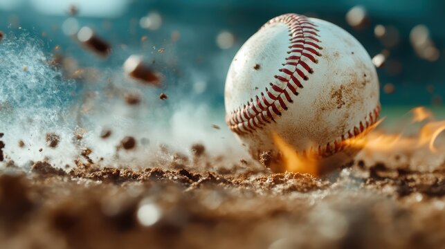 A baseball rolls through the dirt, kicking up dust and flames, an energetic moment frozen in time that highlights the thrill of sports and the beauty of action.