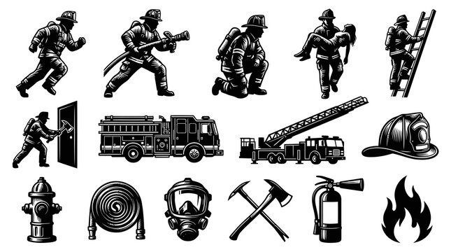Firefighting Emergency Services Black White Line Art Icons Set - Firefighter Equipment Vintage Engraving