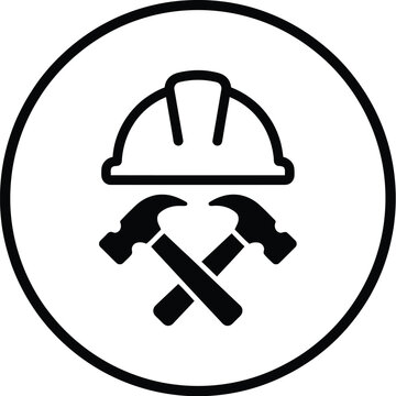 Hard hat and hammers inside a circle represents construction safety.