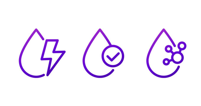 Electrolyte line icons with water drops, molecule and check mark