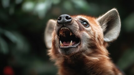 Obraz premium A close-up view of a fox in its natural habitat, capturing the excitement and energy in its open mouth expression, surrounded by lush greenery and wildlife atmosphere.