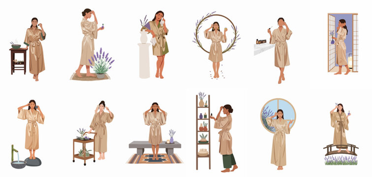 Collection of illustrations showing a woman in a robe practicing self-care with lavender and essential oils in various spa-like settings.