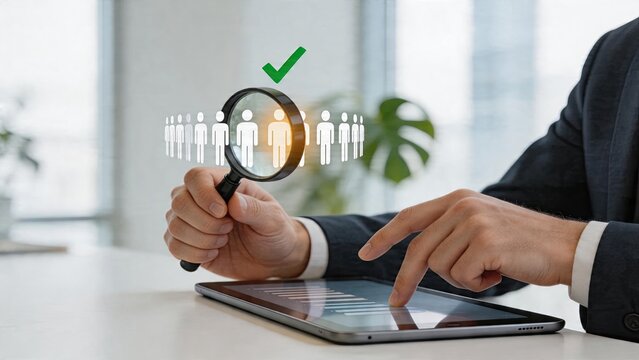 Businessman selecting candidate hiring human resources team using magnifying glass recruitment selection process finding right person for job vacancy