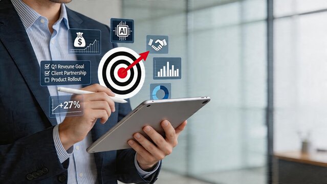 Businessman holding tablet reviewing digital holographic charts targeting growth AI strategy Q1 revenue goals client partnership plans product rollout checklist positive