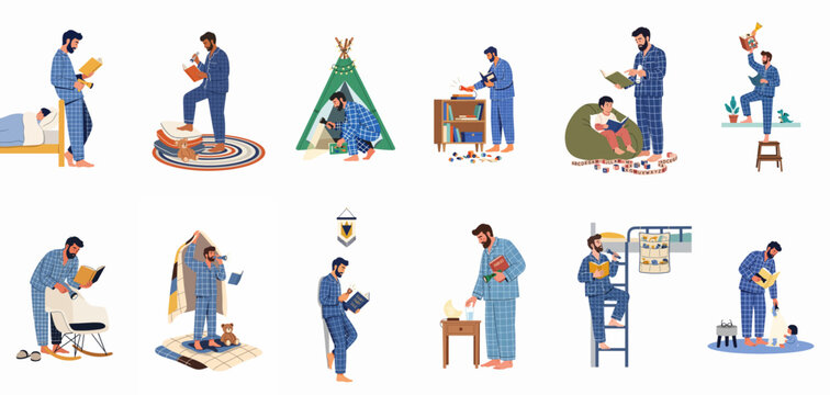 Set of flat vector illustrations featuring a father in pajamas reading bedtime stories and exploring with a flashlight in various home scenarios.