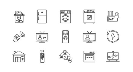 Fototapeta premium Smart home appliances and automation icons display various household electronic devices in a clean linear style.