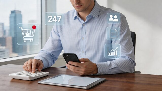 Businessman using smartphone calculator tablet working in office with holographic interface shopping cart icon user group symbol document paper file sign statistics chart graph