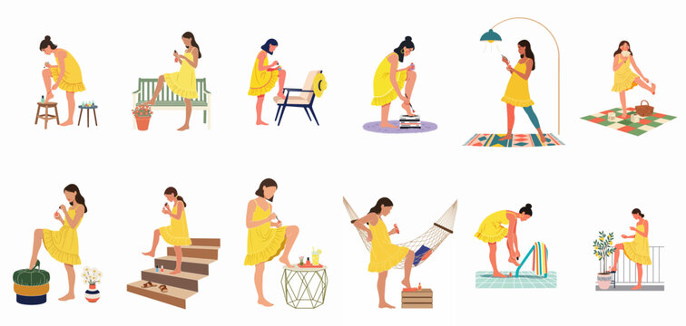 Vector illustration set of a young woman in a yellow dress painting her toenails in various indoor and outdoor scenes of daily life.