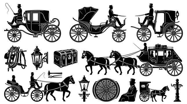 Black and White Line Art of Antique Horse-Drawn Carriages and Accessories