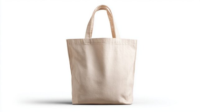 Plain beige canvas tote bag with handles, isolated on a white background