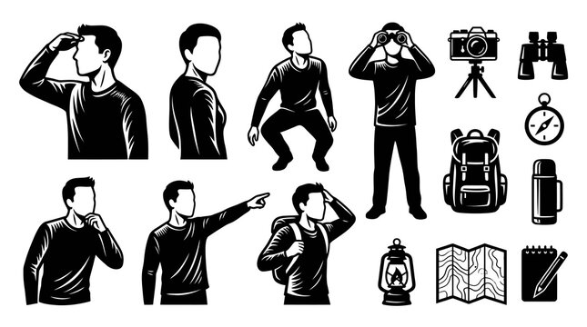 Outdoor Adventure People and Gear Glyph Icons Set. Monochrome Hiking, Camping  Travel Silhouettes