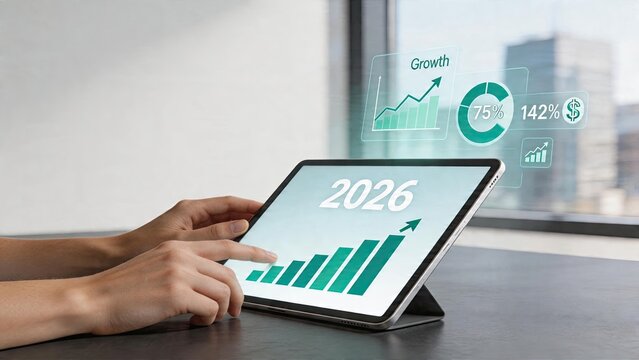 Businessman using tablet for future financial growth planning showing 2026 target with bar chart analytics dashboard overlay holographic interface technology