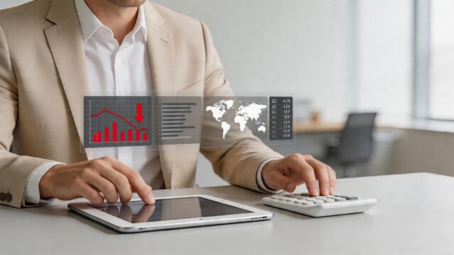 Businessman using tablet calculator analyzing financial data hologram graph showing declining profit economic crisis concept corporate finance management digital accounting