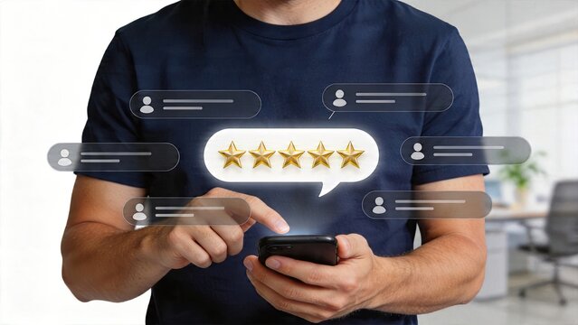 Businessman tapping smartphone screen with glowing five star review floating digital customer rating positive feedback user interface overlay modern office environment high