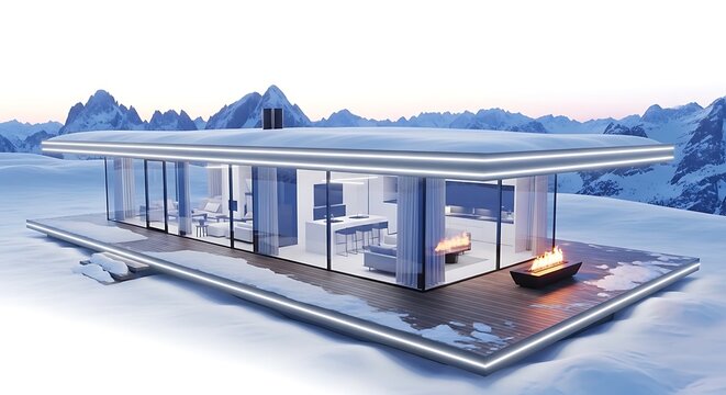 Modern minimalist glass house in a snowy landscape with outdoor fireplaces
