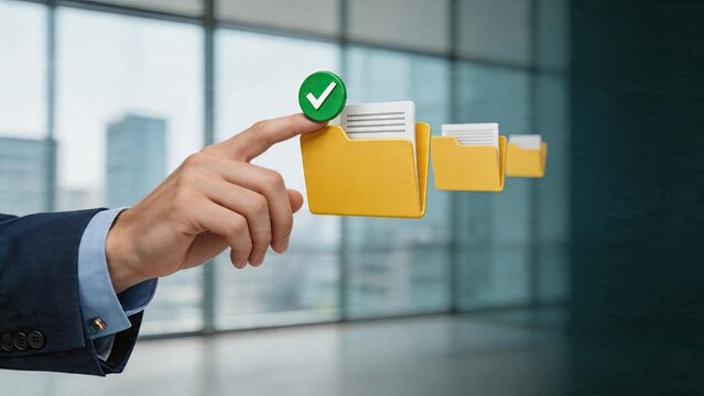 Businessman selecting digital folders with green checkmark document organization successful file management office workflow automation cloud storage system data security