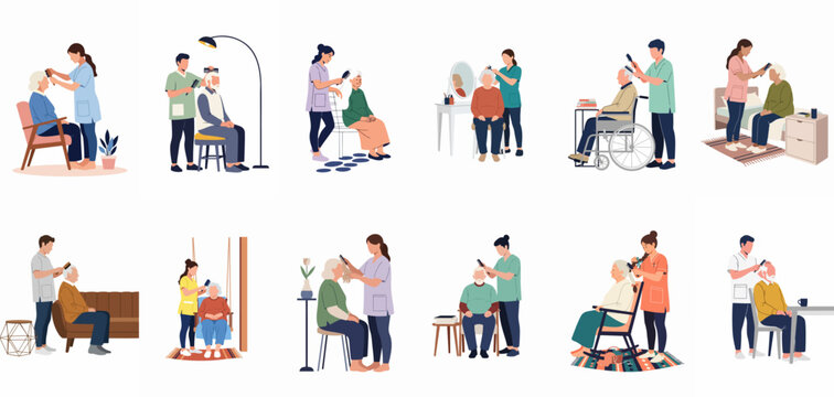 Professional Caregivers Brushing Hair of Senior People Flat Vector Illustration Set