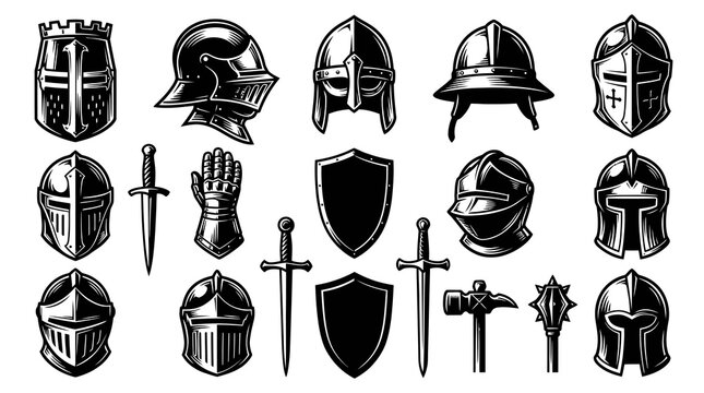 Medieval Knight Helmets, Swords, Shield, Gauntlet, Weapons Vector Art
