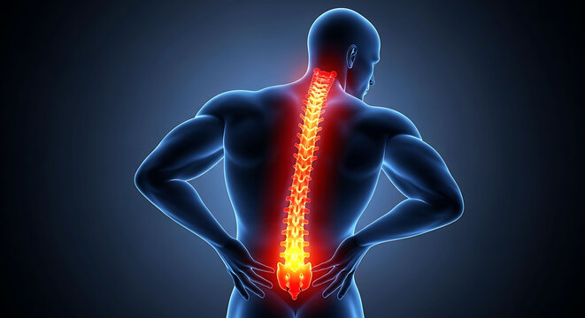 Human spine pain and back injury anatomy illustration of male skeleton in red
