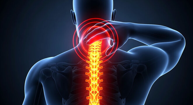 Human neck and spine cervical vertebrae pain 3D illustration with glowing area