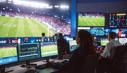 Skilled professionals manage a live football broadcast within a hightech control room. This image captures the intensity of sports media production and digital analytics in realtime.