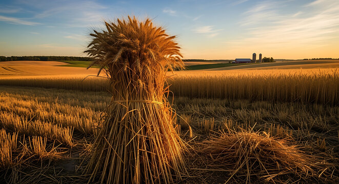 golden wheat sheaf in field at sunset on transparent background high quality